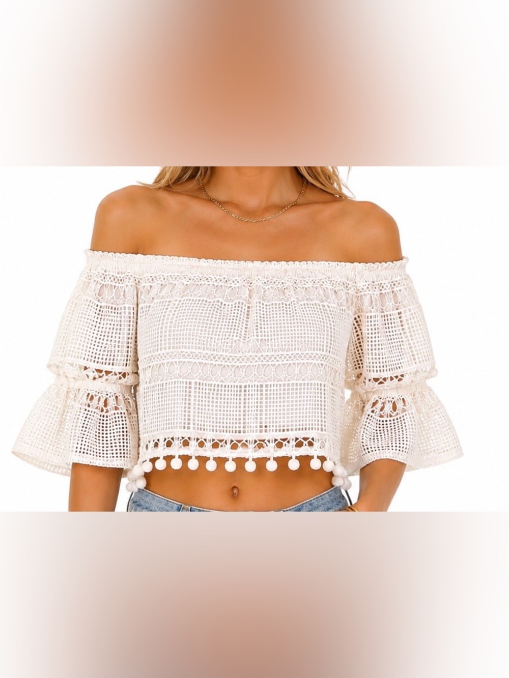 Tularosa Alexa Off Shoulder Lace Crop Top Pom Pom Trim Ivory Size Large